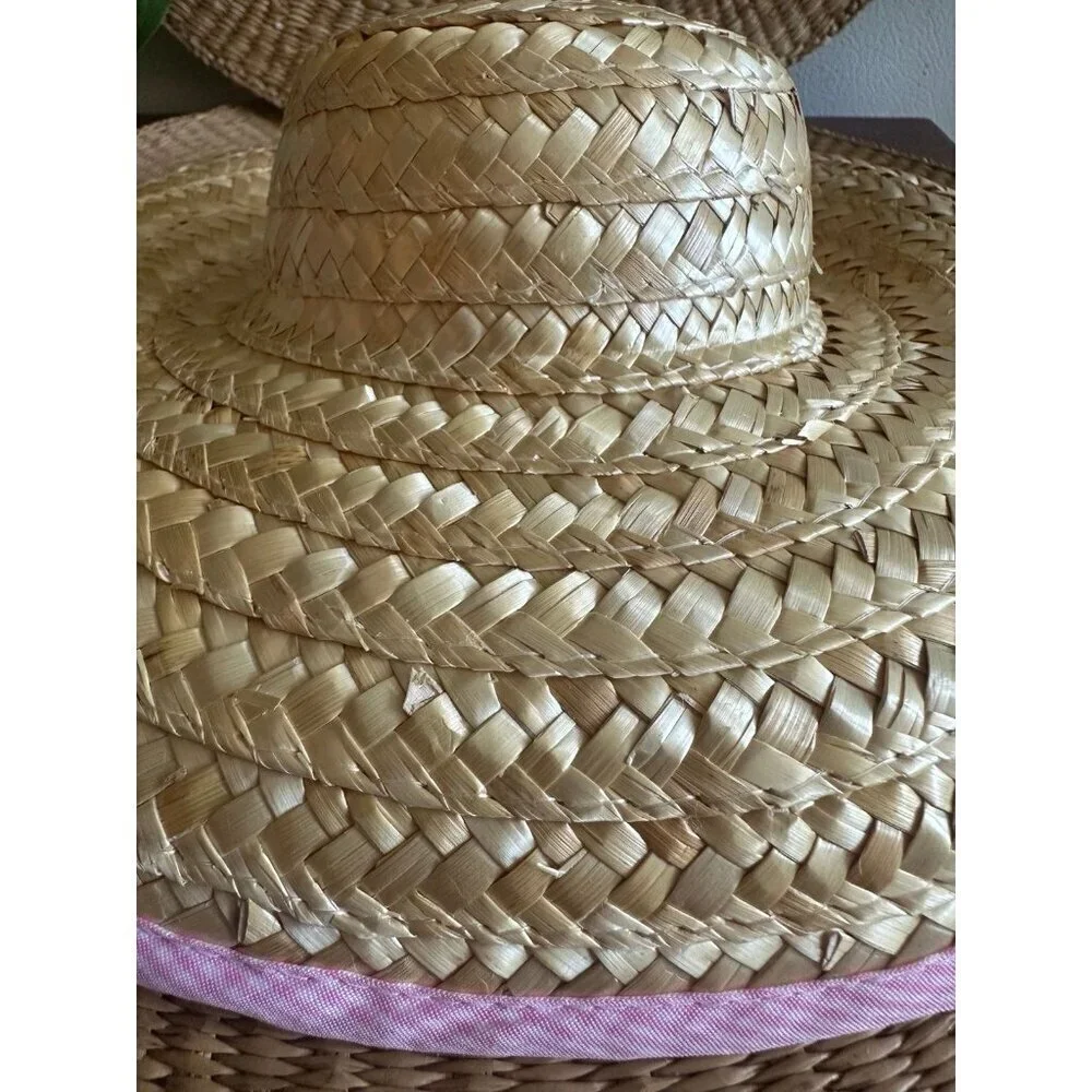 Large Straw Sun Hat with Pink Gingham Trim